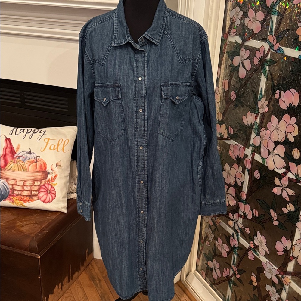 Denim Long Sleeve Shirt Dress - Classic Blue